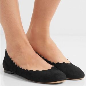Chloé Lauren Scalloped Suede Ballet Flats Leather Shoe Black 9 Minimalist Loafer